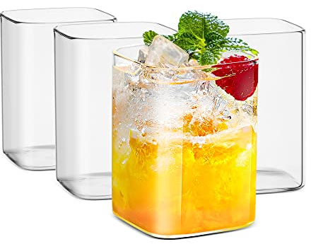 LUXU Lot de 4 verres carrés fins et carrés pour eau, jus, bières, cocktails et boissons mixtes, sans plomb, verres carrés en verre