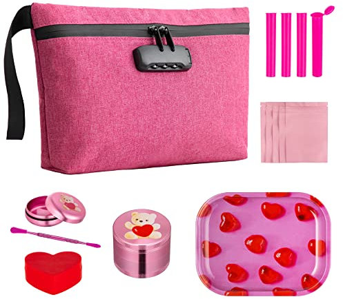 MAICHENG Smell Proof Bag with Combination Lock, Large Odor Proof Containers, Carbon Lined Pouch, Water Resistant, Airtight Zipper, Travel Storage Kit, Pink