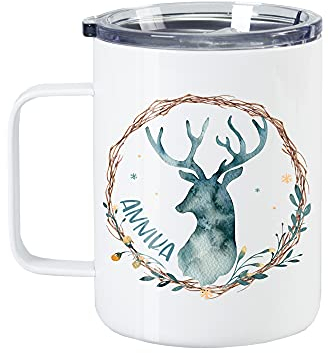 GRAZDesign Thermobecher mit Deckel, mit Henkel, Thermotasse Kaffee To Go, personalisiert mit Namen, Wanderbecher, Hirsch, Becher für Camper Garten Büro Edelstahl 350ml