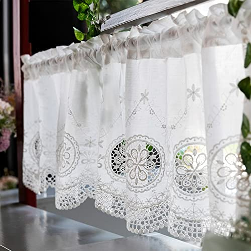 A.Monamour Rideau de Cuisine Court pour Petit Fenêtre Rétro Maison De Campagne Coton Opaque Dentelle Brodée Florale Blanche Rideau Brise-bise Rideaux à Disques Cantonnières Demi Passe-Tringle