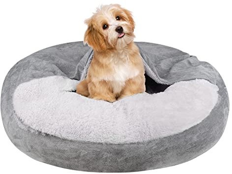 MICOOYO Lit à capuche pour chien de taille moyenne – Couverture confortable en forme de beignet pour chien, lit grotte pour chats et chiots (taille M, gris)