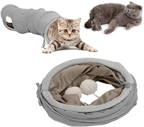 Nimomo Katzentunnel, Faltbarer Zusammenklappbares S-Förmiges Katzenspielröhrenspielzeug mit Hängendem Ball, Intelligenzspielzeug für Kaninchen, Kätzchen, Welpen und Kleine Haustiere