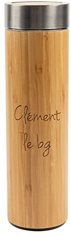 Botella de agua de bambú con texto grabado - Botella isotérmica personalizada de bambú y acero - Termo de madera personalizado