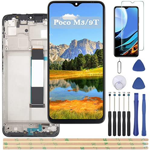 YHX-OU 6.53'' Negro + Marco Pantalla LCD para Xiaomi Poco M3 Redmi 9T M2010J19CG M2010J19CI Kit de Reparación de Pantalla Táctil Digitalizador con Herramientas + Vidrio Templado