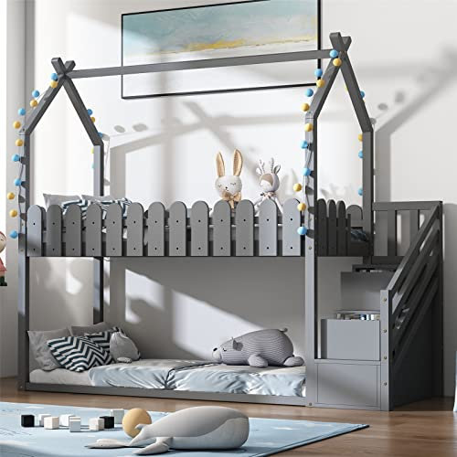 HUMNZR Cama casita con 3 escaleras, con 2 cajones, con Valla, litera, Cuna,Grey