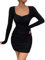 GORGLITTER Women's Sweetheart Neck Lace Trim Bodycon Mini Dress Ruched Long Sleeve Club Party Pencil Dresses Black S