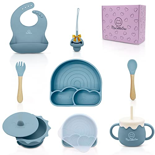 MyLittleOne-Coffrets Repas Bebe 10 Pcs Silicone-Assiette ventouse pour bébé compartiments- bol ventouse+Couvercles Conservation-bavoir-couverts-verre-Autonomie-Micro ondes-Lave Vaisselle-sans BPA-Bleu