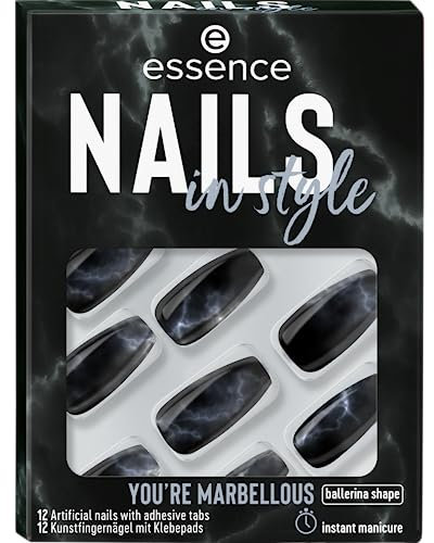 essence nails in style, Künstliche Fingernägel, Nr. 17, Schwarz, Expressergebnis, sofortiges Ergebnis, glänzend, farbintensiv, Nanopartikel frei, 1er Pack (12pcs)