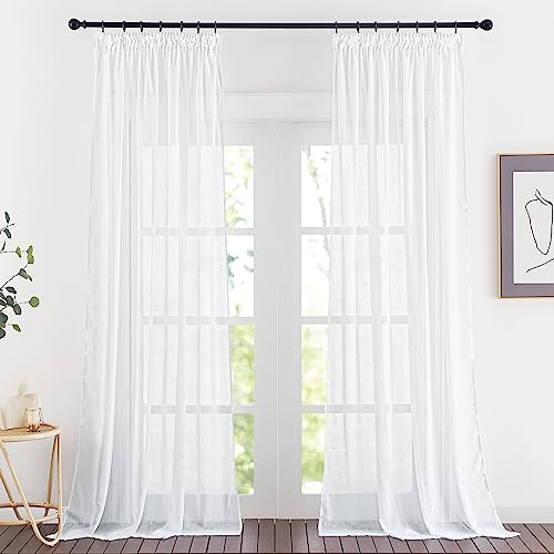 PONY DANCE Extra Lange Gardinen und Vorhänge Weiss Halbtransparent 2er Set Landhausstil Gardine Wohnzimmer Leinenoptik Vorhang mit Kräuselband für Schienensystem, H 260 x B 140 cm, Weiß