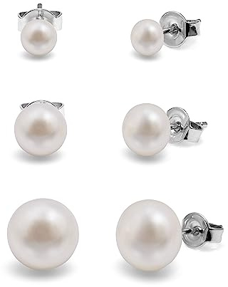 Kyoto Pearl 4, 6 und 8 mm Set bestehend aus 3 Süßwasser-Perlenohrsteckern mit 925er Sterlingsilber, für Hochzeiten und besondere Anlässe, in Weiß