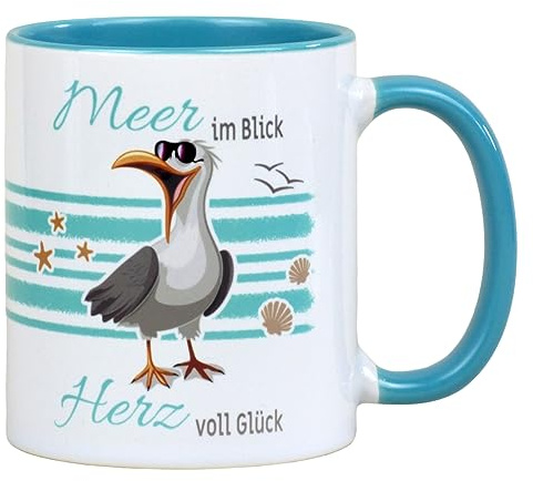 Fördeblau Maritime Kaffeetasse 'Meer im Blick, Herz voll Glück' – Keramikbecher mit Möwen-Motiv, 330ml, Tasse mit Spruch als Geschenk für Küstenliebhaber