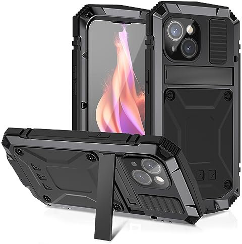 Metal Case for iPhone 15 Plus, Outdoor Heavy Duty Armour Military Shockproof Dustproof Anti-Scratch Full Body Case [Built-in Tempered Glass Screen Protector and Kickstand] for iPhone 15 Plus (Black)