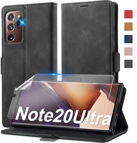 Samsung Galaxy Note 20 Ultra 5G Hülle - Leder Klapphülle mit Schutzfolie und Flip Wallet Case