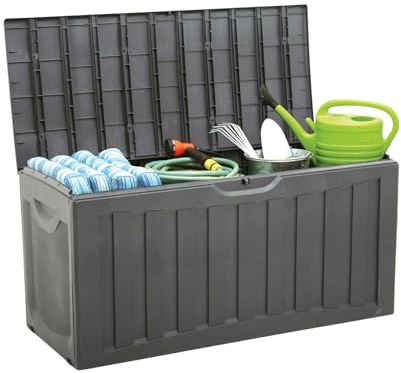 THINIA HOME Truhe für den Außenbereich aus Harz für Garten, Terrasse oder Balkon, wasserdichte Box für Gegenstände und Spielzeug, 340 Liter, 118 x 53 x 57 cm