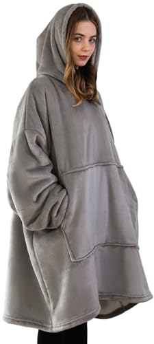 Good Nite Decke mit Ärmeln für Frauen und Männer Sherpa kuscheldecke Tragbare Decken Adult Cosy Sweater Tragbare Warm Decken Übergroßer hoodie mit Taschen Grau (80x85cm)