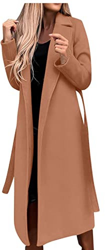 Lange Trenchcoat Damen Elegant Einfarbig Wollmantel Langarm Revers Winterjacke Schlanke Jacke Windbreaker mit Gürtel Herbst Winter Übergangsjacke Schlitz Wintermantel Warme Wolljacke Mantel Windjacke