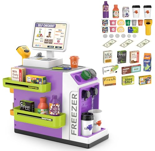 deAO 3 in 1 Toy Shop and Coffee Machine, Toy Kitchen, Kids Cash Register with Scanner and Sound, Press to Dispense Water, with Sound & Light, Play Money Kids for 3+ Years old