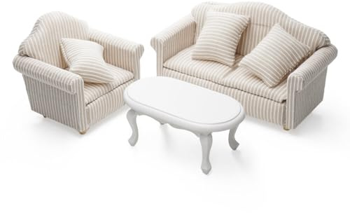 Odoria 1/12 Miniatur Puppenhaus Tisch Couchtisch Weiß und Sessel Sofa Set Miniaturen Couch Gestreift Puppenstube Möbel Zubehör