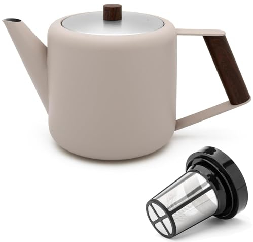 Bredemeijer doppelwandige Retro Teekanne 1.1 Liter beige - isolierende Kanne aus Edelstahl mit Tee-Filter Sieb-Einsatz - für längeren Teegenuss