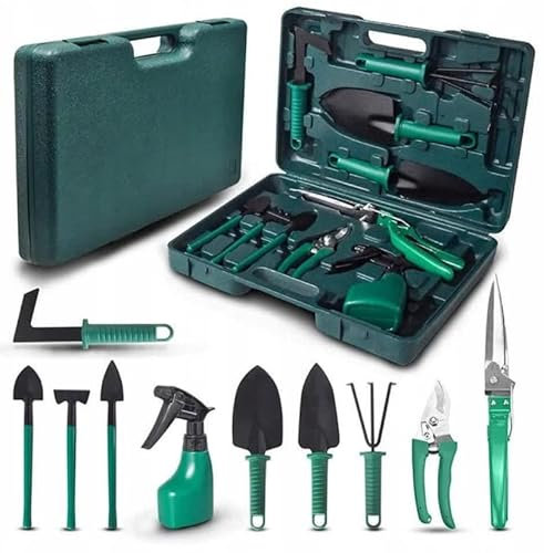 ZOLTA Gartenwerkzeug Set 10er - Garten Geräte für Blumen und Pflanzen - Garten Geschenke Für Frauen - Gartenwerkzeug in Koffer - Gartenset mit Komfortablem Griff - Garden Tools - Grün