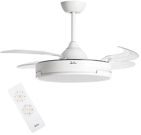 JATA JVTE4240 - Ventilador de Techo con Luz con 4 Aspas Retráctiles. Plafón Iluminación LED 3 intensidades. Mando a Distancia. 6 velocidades. Ultrasilencioso. Solo 45 dB. Función Verano-Invierno