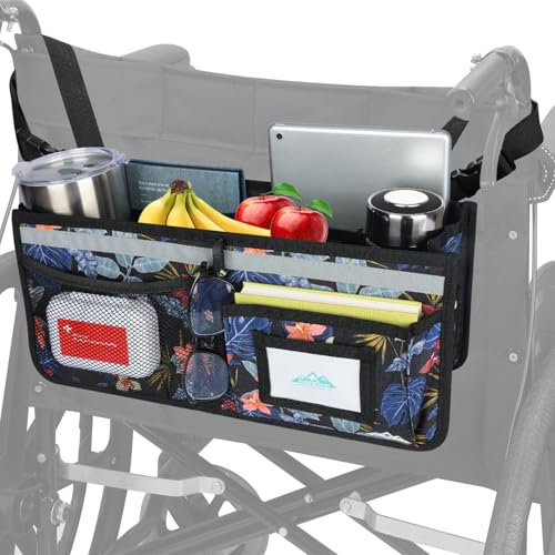 supregear Silla de Ruedas Cesta para la Espalda, Gran Capacidad Impermeable Silla de Ruedas Mochila Bolsa Organizadora con Múltiples Bolsillos y Portavasos para Personas Mayores, Negro floral