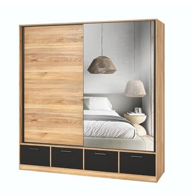 PRICE FACTORY just for you Armoire 200cm avec 2 Portes coulissantes avec miroirs et 4 tiroirs Couleur chêne et Noir. Collection EOS