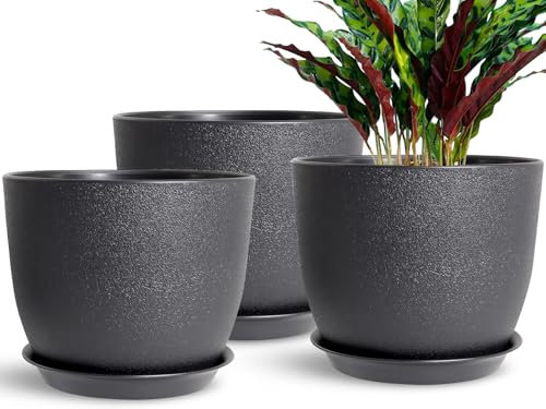 SE SUN-E Set di 3 fioriere, 25 cm Fioriere da esterno per tutte le piante da interno Vasi da fiori in plastica nera Vaso da giardino moderno e decorativo con sottovaso