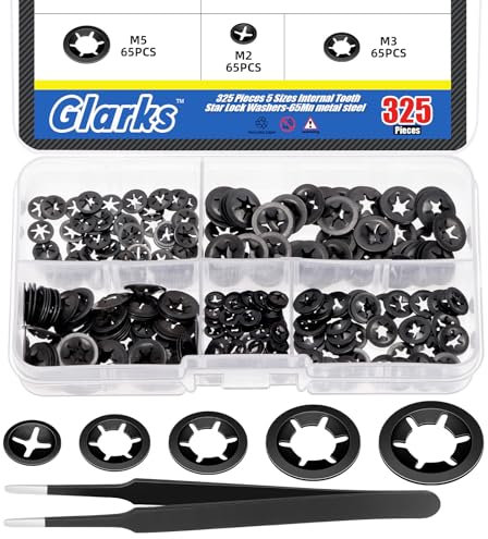 Glarks 326 arandelas de acero de 65 Mn con dientes internos Star Lock Surtido de arandelas M2 M2.5 M3 M4 M5 de velocidad rápida push on discos de bloqueo
