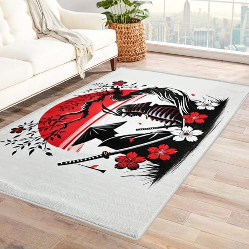 Generisch Japanischer Teppich - Anime Samurai, 60x90 cm, Blue, Flauschig & Rutschfest, Waschbar, Wohnzimmer & Schlafzimmer