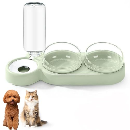 3-In-1 Cat Food and Water Bowl Set, Raised Cat Bowls With Stand, Double Cat Bowls with Water Dispenser for Pet, Food and Water Feeder for Small Medium Dogs Cats (Green)