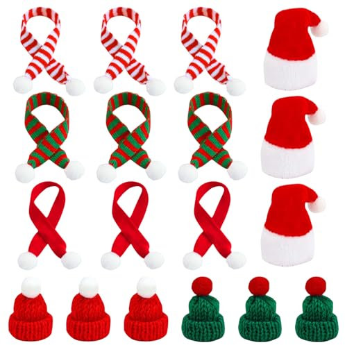 18 Stück Mini Weihnachtsmütze, Mini Weihnachtsmütze und Schal Set,Weihnachts Haarschmuck, Kleine Mützen, Weihnachtsschal für Weihnachtsdeko DIY Puppenzubehör Flaschendeko Heimdekoration Partydeko