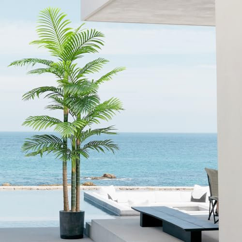 8FT Artificial Golden Cane Palm Tree Fake Tall Palm Trees 96IN 1Pack, Green Large Tropical Palm Fake Plants in Pot for Indoor Outdoor, Living Room Outside Patio Office Home Decor