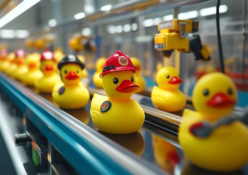 CALVENDO Poster 84,1 x 59,4 cm Querformat Berufs-Badeenten auf der Produktionslinie – Quietscheenten im Berufs-Outfit| Bilder, Kunstdruck, Wandbild, Wanddeko, Prints ohne Rahmen
