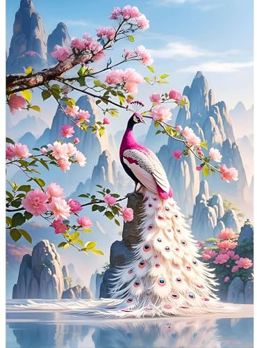 DPHERO DIY Pfau Diamant Painting Bilder für Erwachsene Anfänger,5D Berg Diamond Painting Set,DIY Blumen Runde Steine Diamant Kunst Kits, Diamant Painting für Zuhause Dekor 30x40cm