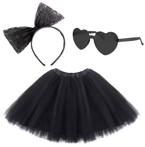 NUOGUAYI 3 Stück Karneval Kostüm Damen mit Karneval Tüllrock Damen,Schleife Haarreif, Fasching Herzbrille, Karneval Kostüm Mädchen, für Frauen Mädchen Cosplay Halloween Karneval Kostüm Zubehör