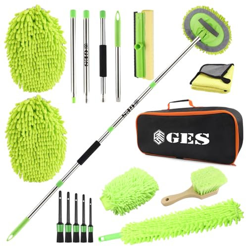 GES 62 Mop per autolavaggio con manico lungo telescopico, spazzola per autolavaggio con tergivetro in gomma, kit di pulizia in microfibra di ciniglia 3 in 1 con borsa portaoggetti (verde)
