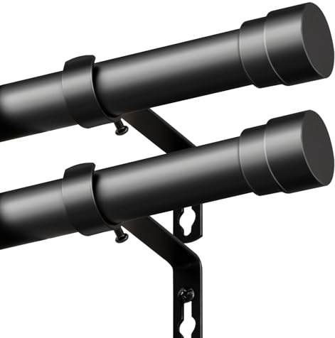 BellaHills 25mm Curtain Poles for Eyelet Curtains Adjustable Curtain Rod with Metal Finials 76 to 349 cm Window Curtain Pole with Brackets Fittings Set for Living Room Bedroom, 2 Pack, Black
