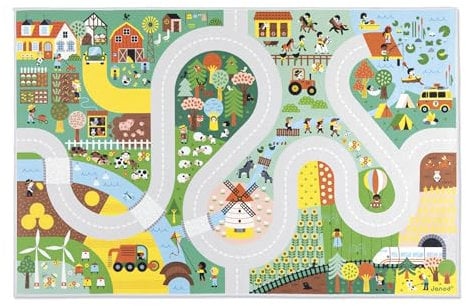 Janod - Teppich Auto Kinder - Thema Land - Weich & rutschfest - Motiv Bauernhof & Wald - Spielteppich Zimmer Mädchen & Junge - 120 x 78cm - Handwaschbar - Ab 2 Jahre - J05930