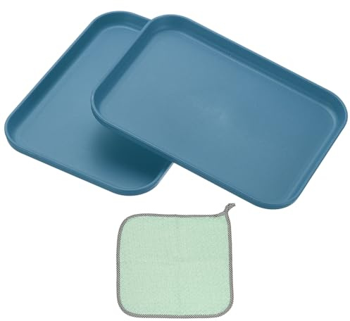 PATIKIL 7.9x5.9 Plastic Tray, 2 Pack Rectangular Plates Small Food Tray Wheat Plates Dishes Reusable Dessert Plate Trays with Cloth for Cake Fruits Salad Cupcake Steak Serving Dark Blue