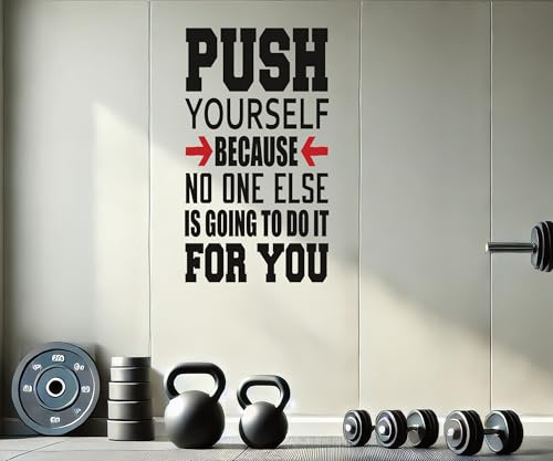 Wandtattoo Push Yourself, Vinyl, inspirierender Wandaufkleber für Motivation und Positivität, Zitat für Zuhause, Fitnessstudio, Büro, Übung (Schwarz/Rot, 55,9 x 101,6 cm)