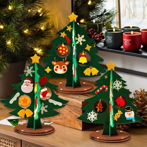 Forbabe 3 Stück Weihnachtsbaum Bastelset, Filz Basteln Weihnachten DIY Weihnachten Bastelset mit Santa Elk Snowman Mini Weihnachtsbaum Tischdekoration Weihnachtsdekoration für Kaminsims Fensterbank