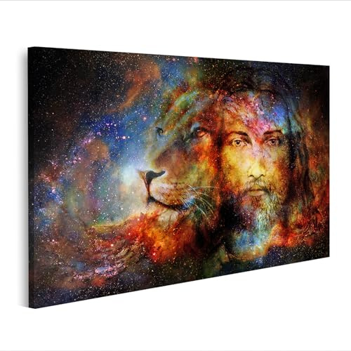 islandburner Leinwandbild Gemälde Von Jesus Mit Einem Löwen Im Kosmischen Raum Blickkontakt Und - Leinwand 80x40cm