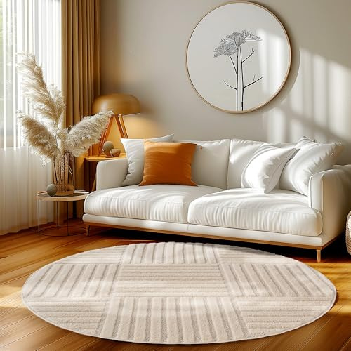 HomebyHome Wohnzimmer Teppich Rund 160 cm Creme Hochflor Skandi Boho Karo Design Hoch-Tief Effekt Weicher Shaggy Langflor Flauschig Robust Pflegeleicht Modern für Schlafzimmer