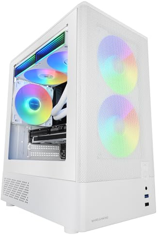 Mars Gaming MC-Onyx, MicroATX Gaming-Gehäuse, Metall-Mesh-Front, Seitenfenster aus Gehärtetem Glas, 3X ARGB FDB Lüfter, Doppelkammer-Struktur, Unterstützung für Flüssigkeitskühlung bis 240mm, Weiß