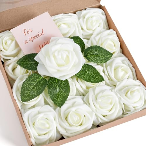 Sahoottie Elfenbeinweiße Künstliche Blumen Rosen Fake Schaumstoff Rosen Köpfe mit Stiel Kunstrosen Blumen Deko Kunstrosen für DIY Hochzeit Blumensträuße Braut Zuhause Dekoration Geburtstagsdeko(16PC)
