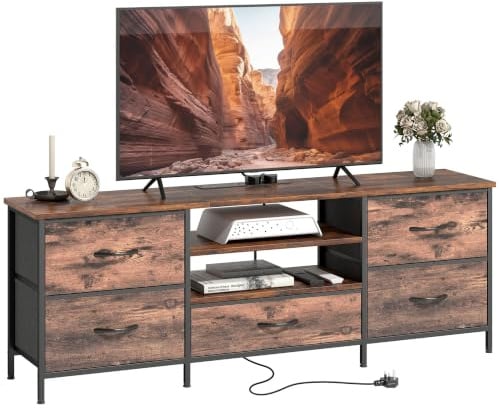 HOMCOM TV Stand with Charging Station up to 65 Inch 5 Drawers Rustic Brown