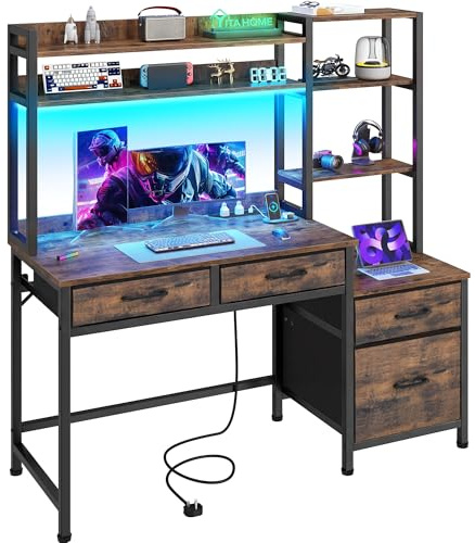 YITAHOME Computer Schreibtisch mit Schubladen Steckdose USB 128cm Braun | Eckschreibtisch Bücherregal, Monitorständer, Computertisch Aufbewahrungen & Regale, RGB LED, Home Office Studium Gaming