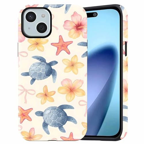 Dahimomo Summer Flower Cute Phone Case for iPhone 13mini/iPhone 12 mini 5.4, 2-in-1 Girly Aesthetic Beach Ocean Sea Turtle Design Pattern, Camera Lens Protective Shockproof Bumper Cover for Women