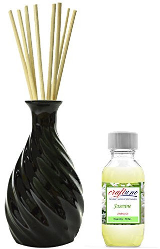 Royal Handicrafts Handcrafted Premium Ceramic Pot Reed Diffuser - Ethnic Spiral Design Black Gloss Finish - Free Aroma Oil 60 ml & 8 Reed Sticks (8 inches)